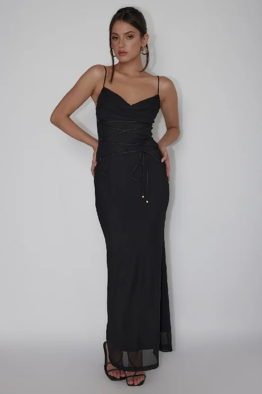Teava Laced Waist Maxi Dress Black Trendy Floral Print Maxi Dress