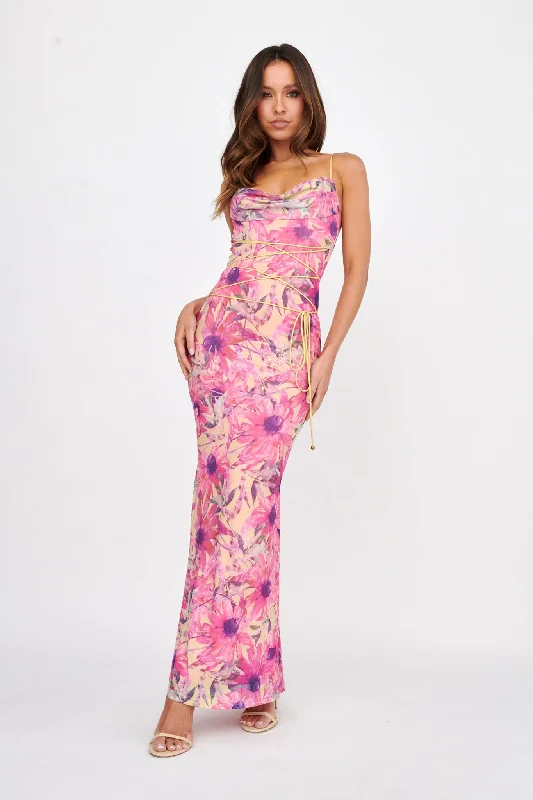 Teava Laced Waist Maxi Dress Flower Pink Comfortable Bohemian Maxi Dress
