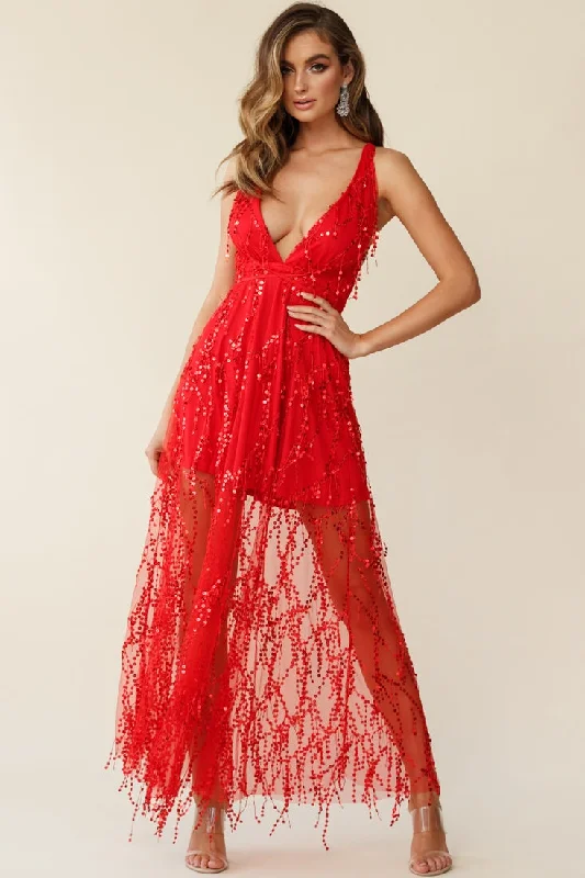 Tiara Sequin Maxi Dress Red Trendy Maxi Dress with Lace