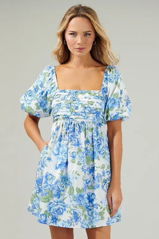 Truth Be Told Blue Floral Pleated Mini Dress Stylish Sweetheart Neck Mini Dress