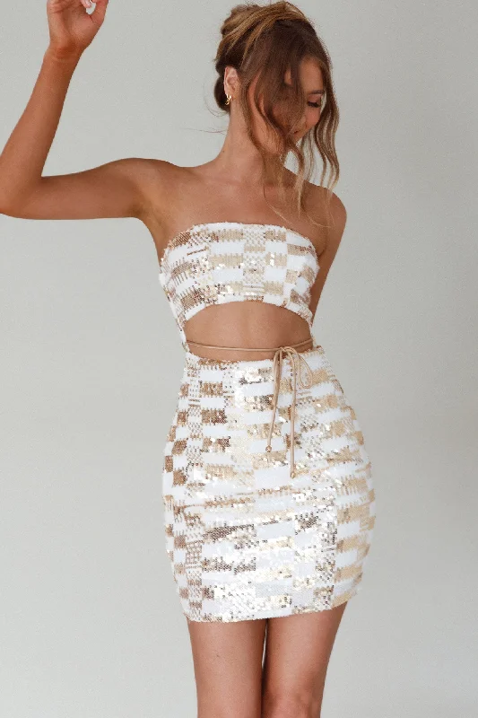 Tupelo Cut-Out Waist Sequin Mini Dress Gold/White Stylish Sweetheart Mini Dress