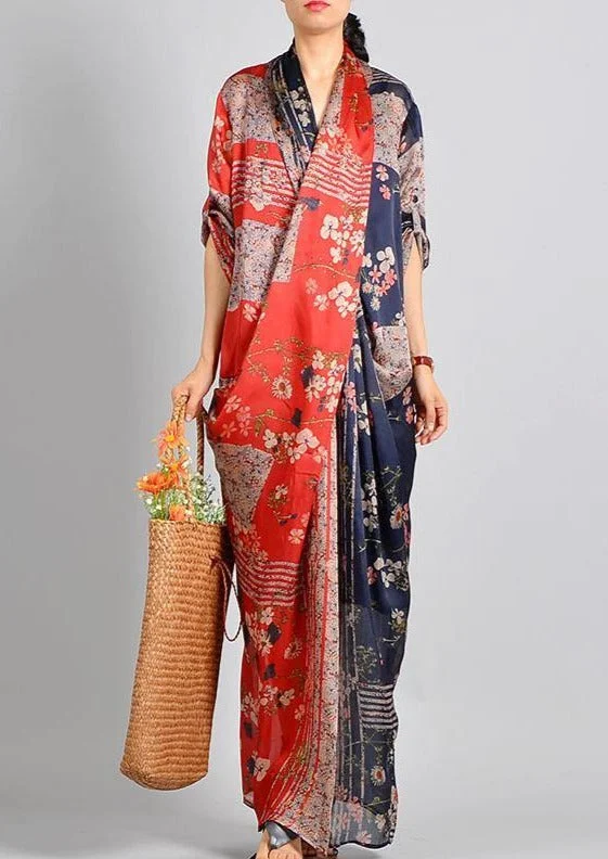 Unique Red Print Silk Blend Robes V Neck Robes Maxi Dress Fashionable Layered Maxi Dress