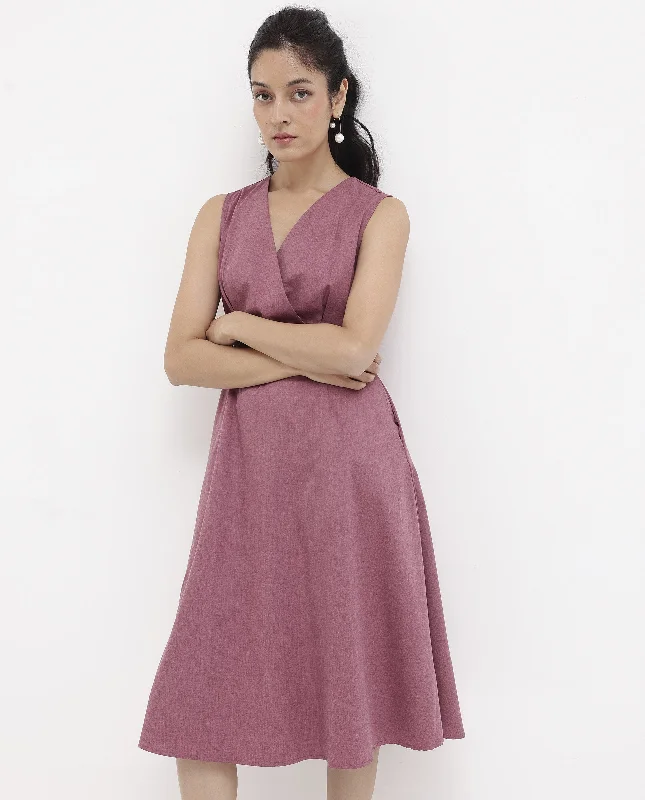 Rareism Women Valmode Dusky Pink Zipper Closure Sleeveless Over Lap Neck Fit And Flare Plain Midi Dress Comfortable Sleeveless Midi Dress