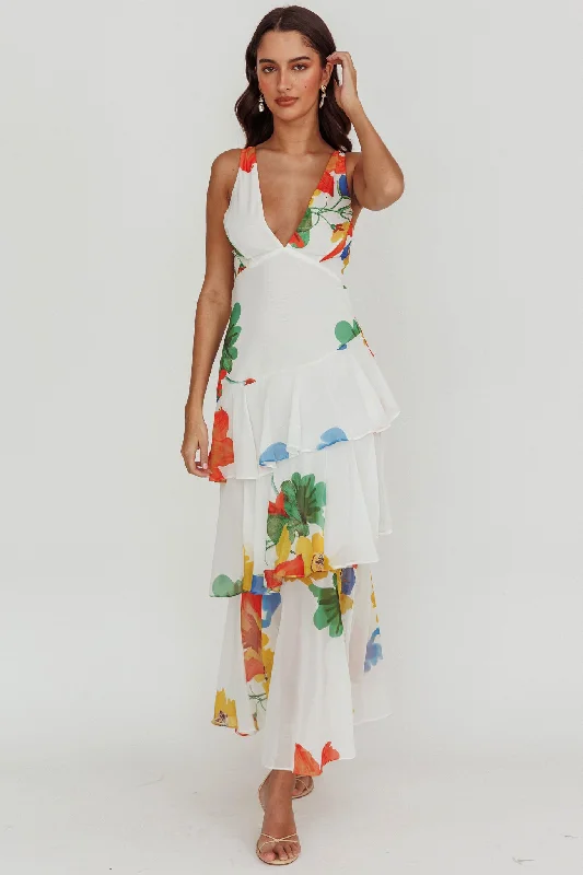 Veda Strappy Back Ruffle Maxi Dress White Stylish Maxi Dress with Pleats