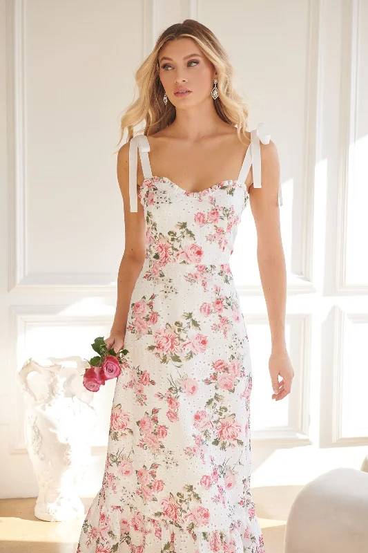 Villa Garden Eyelet Midi Dress Comfortable Floral Print Midi Dress