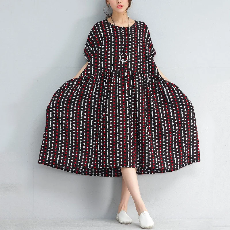 vintage black striped dotted linen shift dresses casual holiday dresses Elegant baggy waist short sleeve midi dress Comfortable Stretch Midi Dress