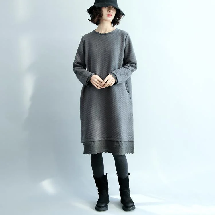 vintage gray  cotton dresses casual traveling clothing o neck boutique patchwork midi dress Comfortable Geometric Print Midi Dress