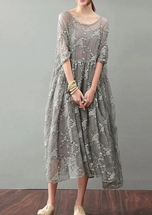 Vintage Gray Maxi Dress Trendy Plus Size Lace Gown Bracelet Sleeve Cozy Open-Back Maxi Dress