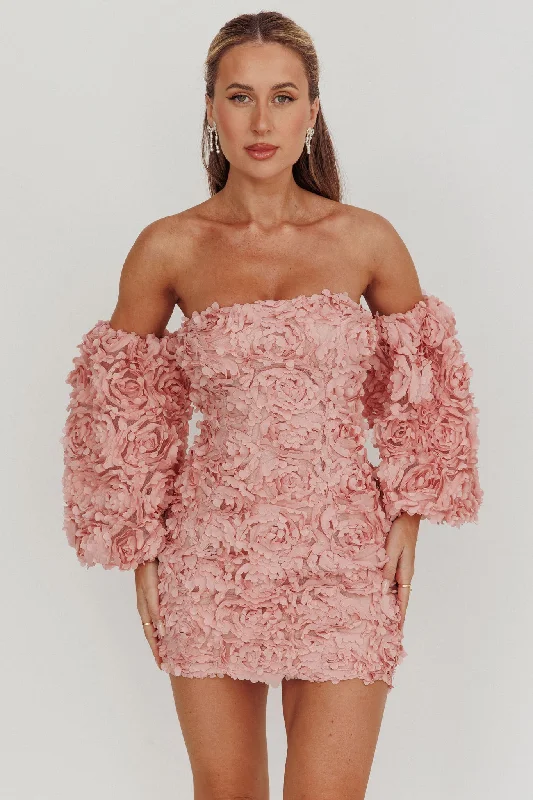 Vive La Rose Off-Shoulder Floral Mini Dress Blush Comfortable Ruffle Mini Dress