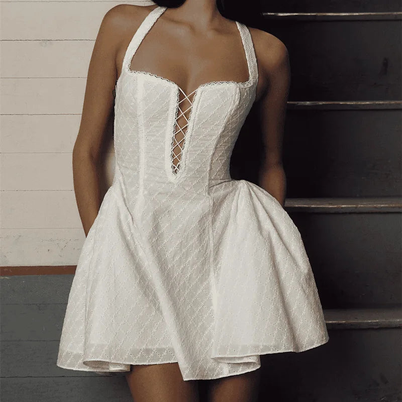 White Halterneck High Waist Hollow Lace Up Embroidery Sexy Backless Mini Dress Trendy Bodycon Mini Dress White Halterneck High Waist Hollow Lace Up Embroidery Sexy Backless Mini Dress Trendy Bodycon Mini Dress