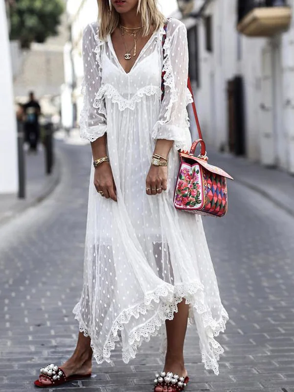 White Jacquard Polka Dot See-through Maxi Dress Long Sleeve Comfortable Fit-and-Flare Maxi Dress
