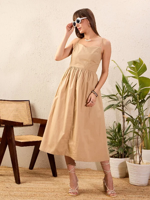 Women Beige Strappy Back Tie Midi Dress Trendy Shift Midi Dress