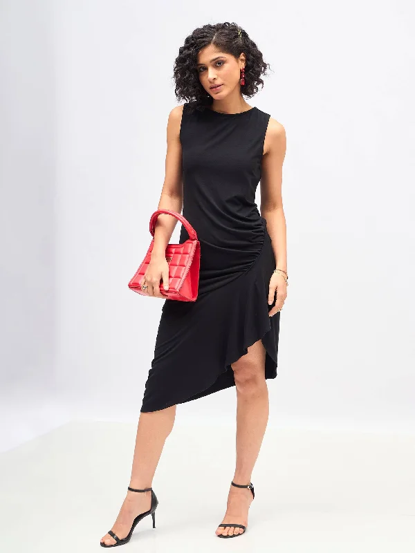 Women Black Box Back Cascade Ruffle Midi Dress Comfortable Wrap Midi Dress