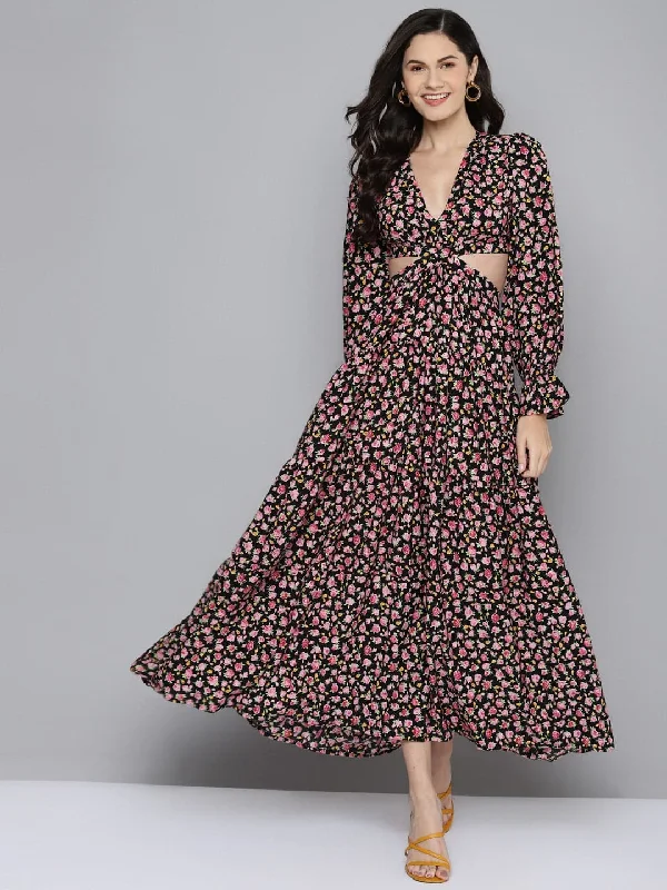 Women Black Ditsy Floral Waist Cut-Out Maxi Dress Comfortable T-Shirt Maxi Dress