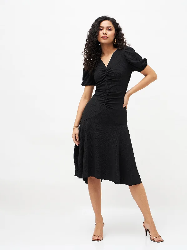 Women Black Front Ruched Midi Dress Stylish Silk Midi Dress