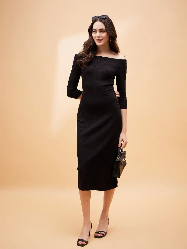 Women Black Rib Off Shoulder Midi Dress Elegant Velvet Midi Dress