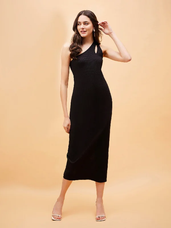 Women Black Rib One Shoulder Midi Dress Comfortable Lace-Up Midi Dress