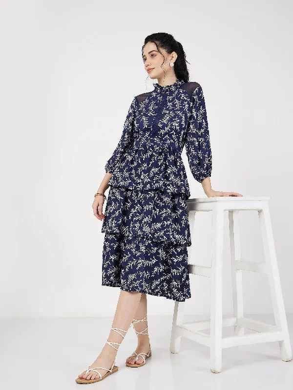 Women Blue Floral Tiered Midi Dress Fashionable Polka Dot Midi Dress