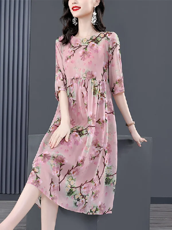 Women Boho Floral Silk Loose Waist Midi Dress Fashionable One-Shoulder Midi Dress