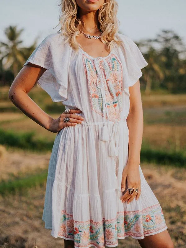 Women Boho Round Neck Short Sleeve Mini Dress Trendy Tulle Mini Dress