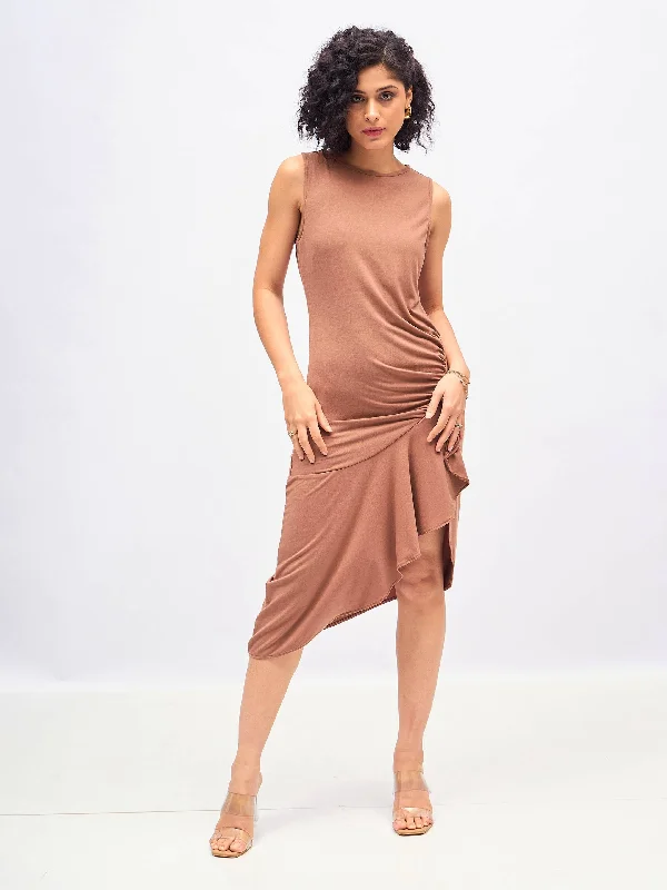 Women Brown Box Back Cascade Ruffle Midi Dress Stylish Button-Down Midi Dress