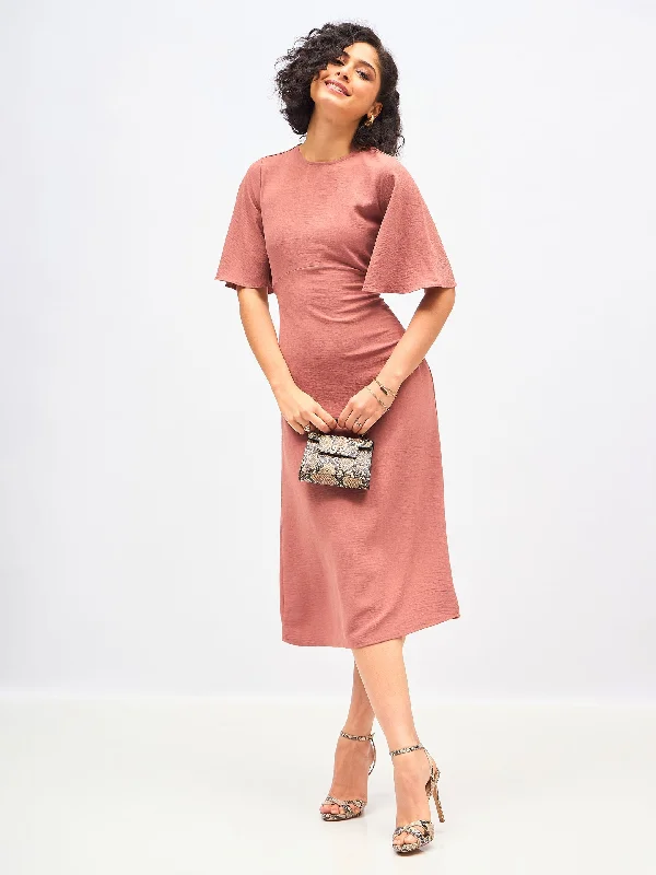 Women Brown Knit Back Cut-Out Midi Dress Elegant Puff Sleeve Midi Dress