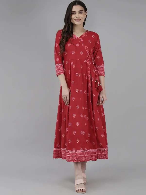 Women's Red & Off White Pure Cotton Ethnic Motifs Ethnic Midi Dress - Yufta Stylish Wraparound Midi Dress