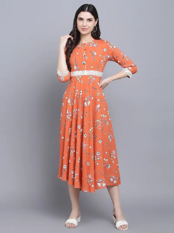 Women's Orange Floral Midi Dress - Myshka Stylish Button-Up Midi Dress
