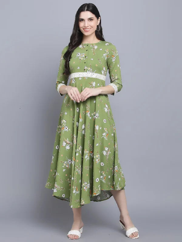 Women's Green Floral Midi Dress - Myshka Comfortable Denim Midi Dress