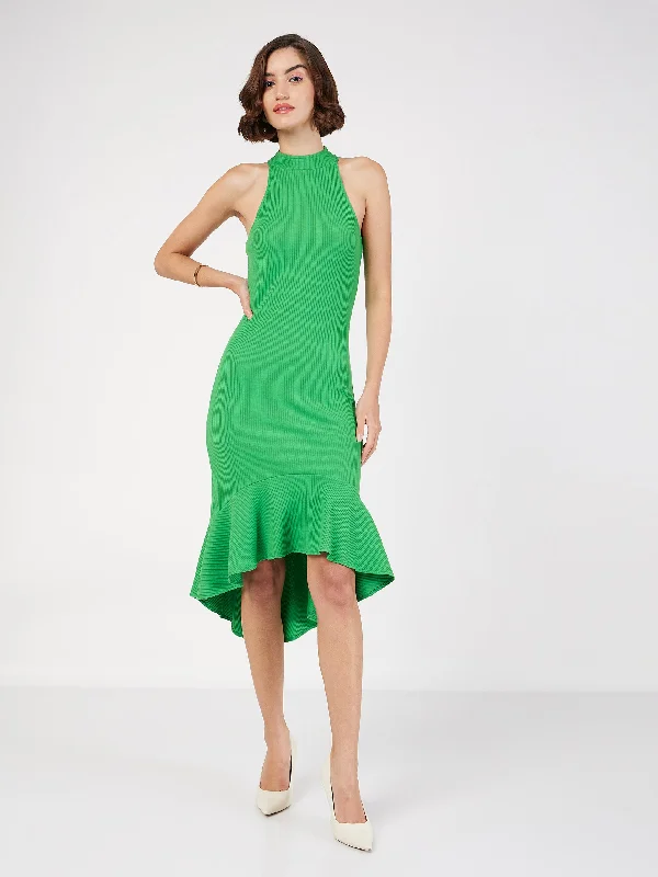 Women Green Rib Fish Frill Bodycon Midi Dress Trendy Smocked Waist Midi Dress