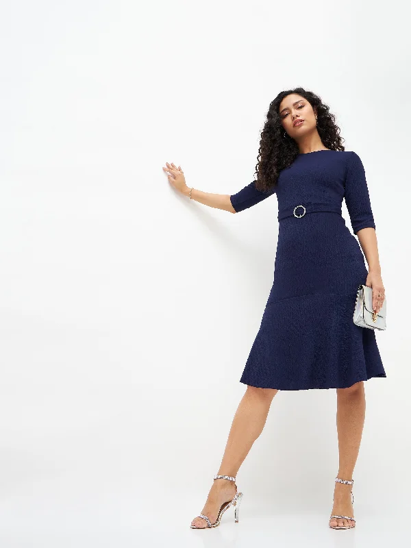 Women Navy Frill Hem Belted Midi Dress Trendy Smocked Waist Midi Dress