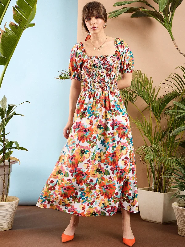 Women Orange Floral Puff Sleeves A-Line Midi Dress Chic Off-Shoulder Midi Dress