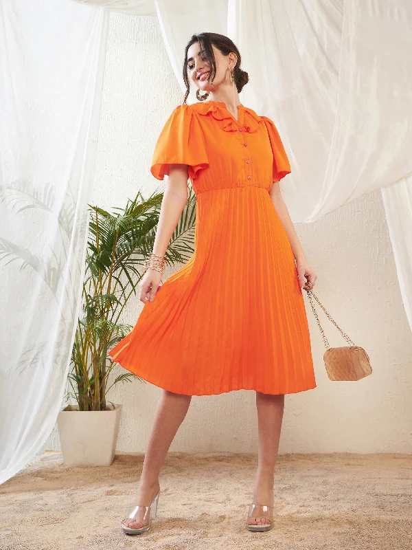 Women Orange Frill Neck Accordion Pleated Midi Dress Comfortable Adjustable Strap Midi Dress