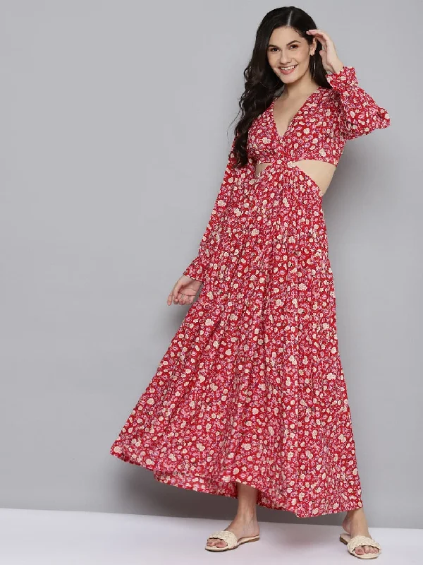 Women Red Ditsy Floral Waist Cut-Out Maxi Dress Comfortable Cotton Maxi Dress