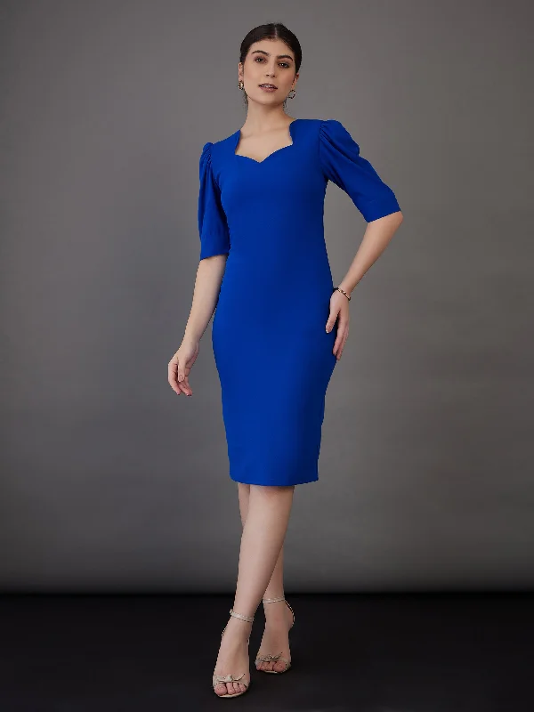 Women Royal Blue Sweetheart Neck Bodycon Midi Dress Fashionable Skater Midi Dress