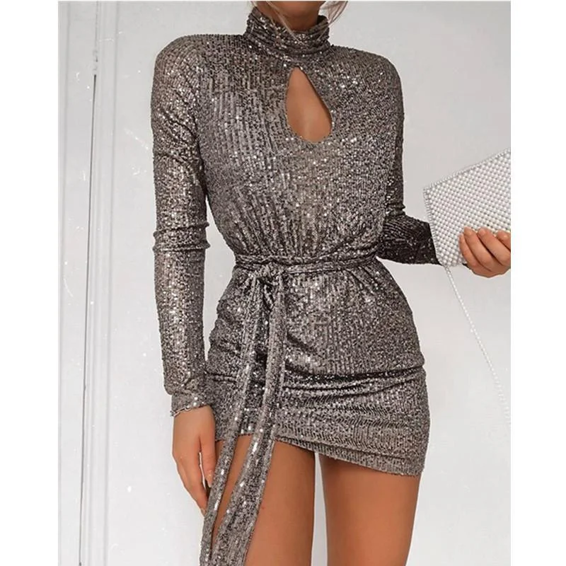 FashionSierra - Women Sequined Keyhole Tie Waist Dress Club Wear Party Mini Dress Asymmetric Sexy Bodycon Mini Vestidos Elegant Velvet Mini Dress