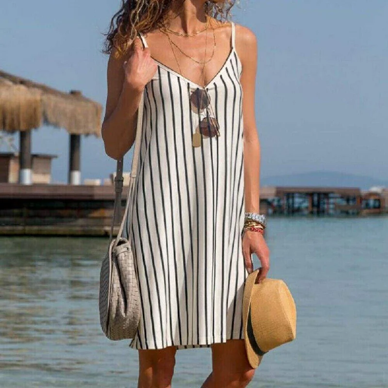 FashionSierra - Women Sexy Strappy Mini Dress Female Summer Casual Household Sleeveless Loose Stripe Short Mini Sundress Comfortable Ruffle Mini Dress