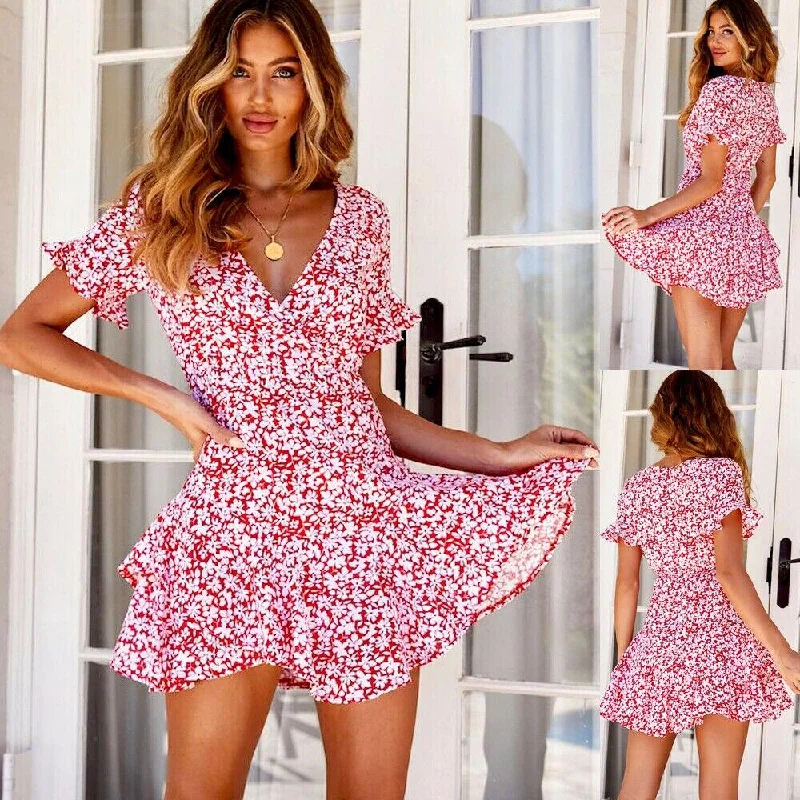 FashionSierra - Women Short Sleeve V-Neck Wrap Boho Floral Mini Dress Fashion Ladies High Waist Holiday Summer Beach Sundress Stylish Ruffle Mini Dress