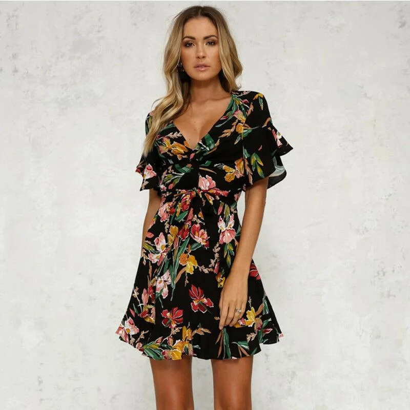 FashionSierra - Women Short Sleeve Wrap Boho Floral Mini Dress Ladies Summer Party Beach Casual V-Neck Short Sundress Holiday Cozy T-Shirt Mini Dress