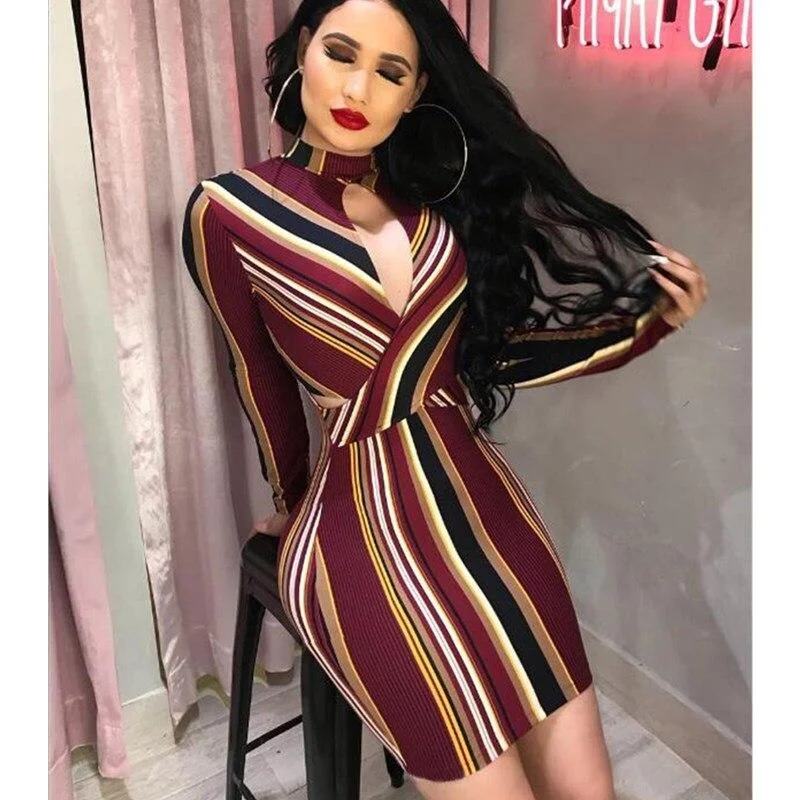 FashionSierra - Women Stripe O-Neck Long Sleeve Bodycon Evening Party Backless Sexy Short Mini Dress Mix Color Striped Dress Elegant Lace-Up Mini Dress