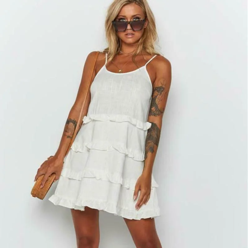 FashionSierra - Women Summer Boho Sleeveless Dress Ladies Casual Party Summer Holiday Beach Ruffle A-Line Short Mini Dress Sundress Comfortable One-Shoulder Mini Dress