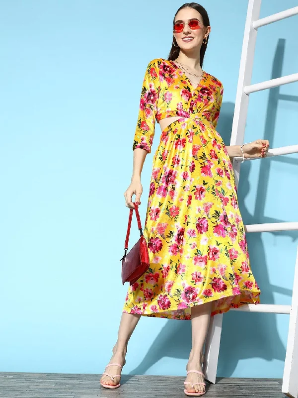 Women Yellow Floral Velvet Side Cut-Out Midi Dress Trendy Ruffle Hem Midi Dress