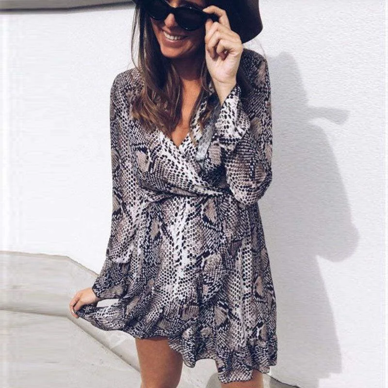 FashionSierra - Women's Boho Mini Dress Long Sleeve V Neck Fashion Snake Leopard Printed Ruffled Frill Party Beach Sundress Elegant Mini Dress with Pleats