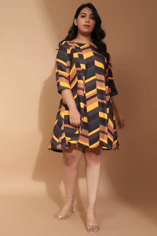 Plus Size Yellow Midi Dress in Chevron Play Print Stylish High-Waisted Midi Dress