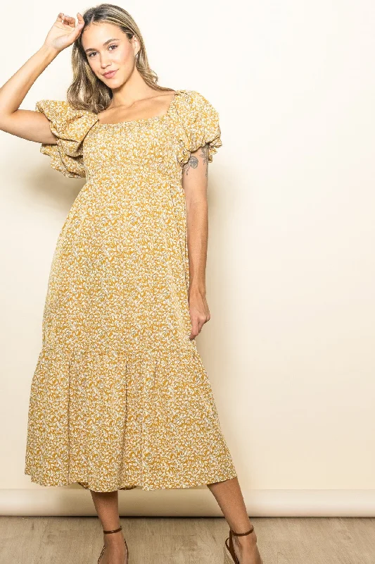 Yellow Floral Puffed Sleeve Midi Dress Elegant V-Neck Midi Dress