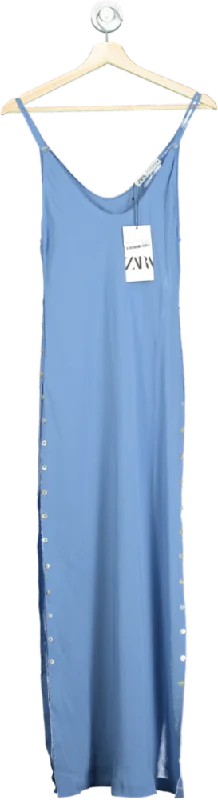 Zara Blue Button-Down Side Split Maxi Dress S Stylish V-Neck Maxi Dress