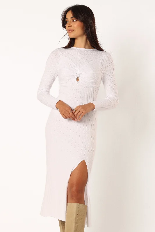 Zayla Long Sleeve Midi Dress - Cream Trendy Flared Sleeve Midi Dress