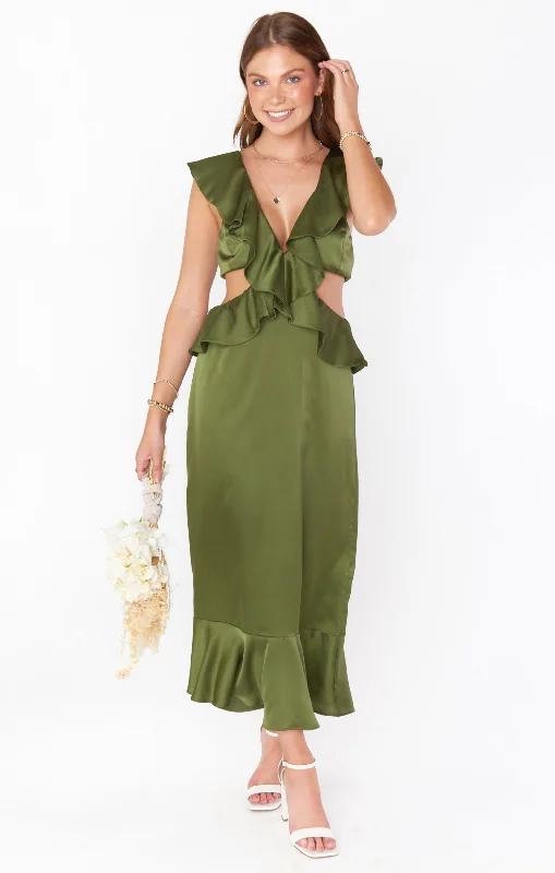 Zoey Midi Dress ~ Rich Olive Luxe Satin Trendy Ruffled Sleeve Midi Dress