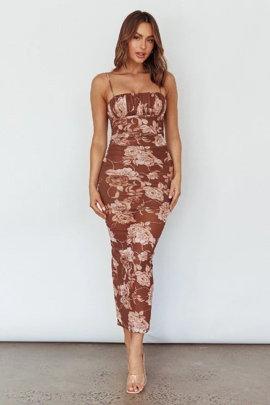 Zosia Ruched Maxi Dress Floral Coffee Comfortable Ruffle Maxi Dress