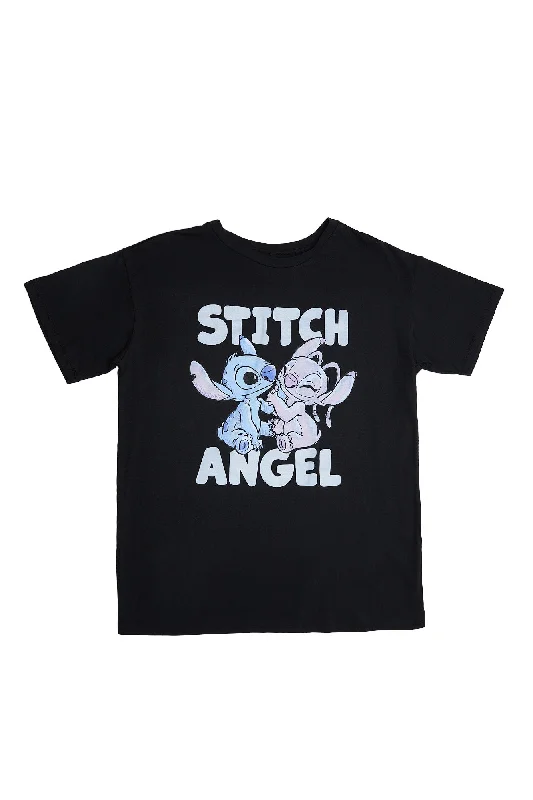 Stitch And Angel Graphic Classic Tee Collared Crew Neck Turtle Neck